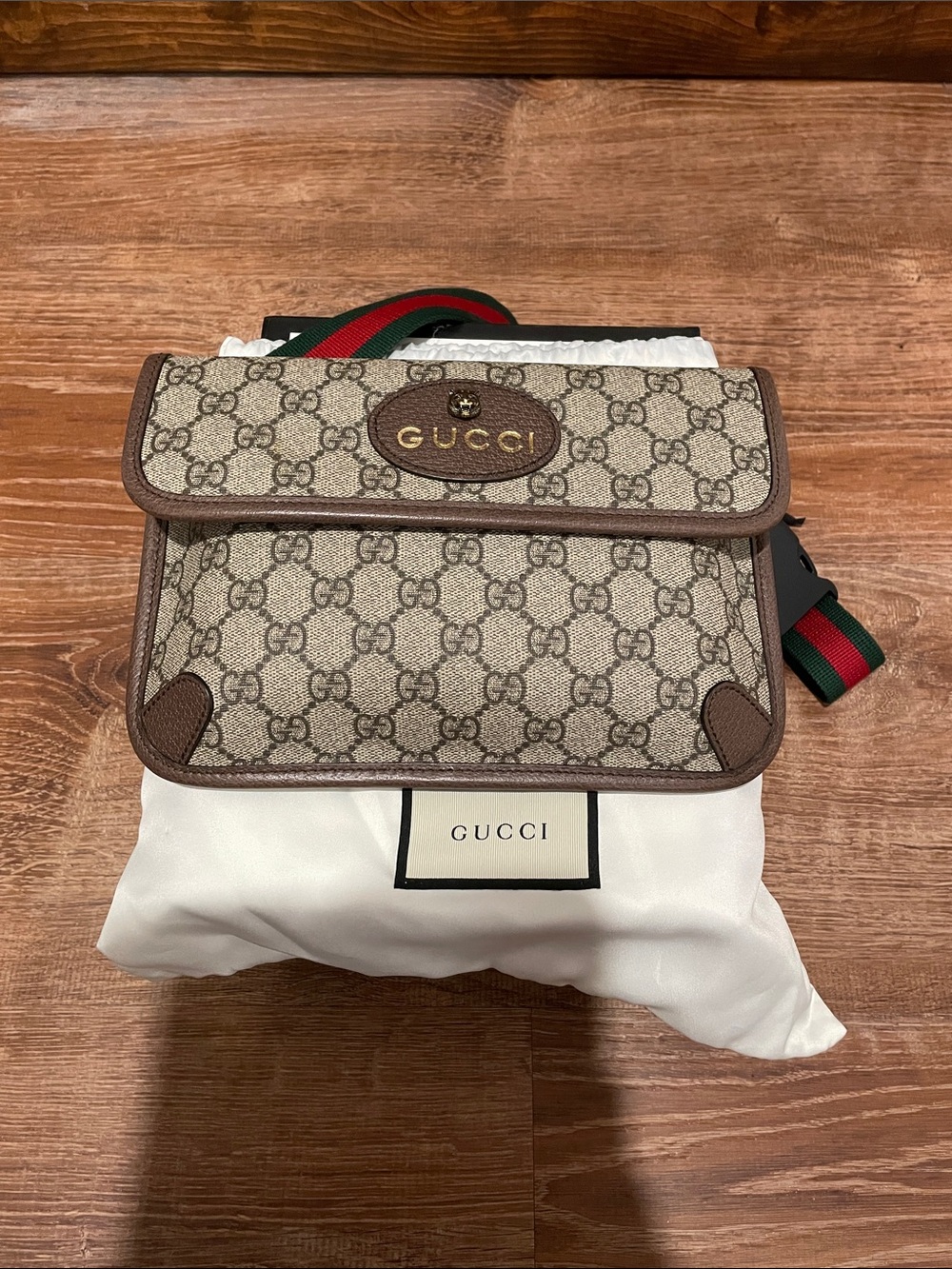 Gucci Brown GG Supreme Belt Messenger Bag with Green-Red Web Strap